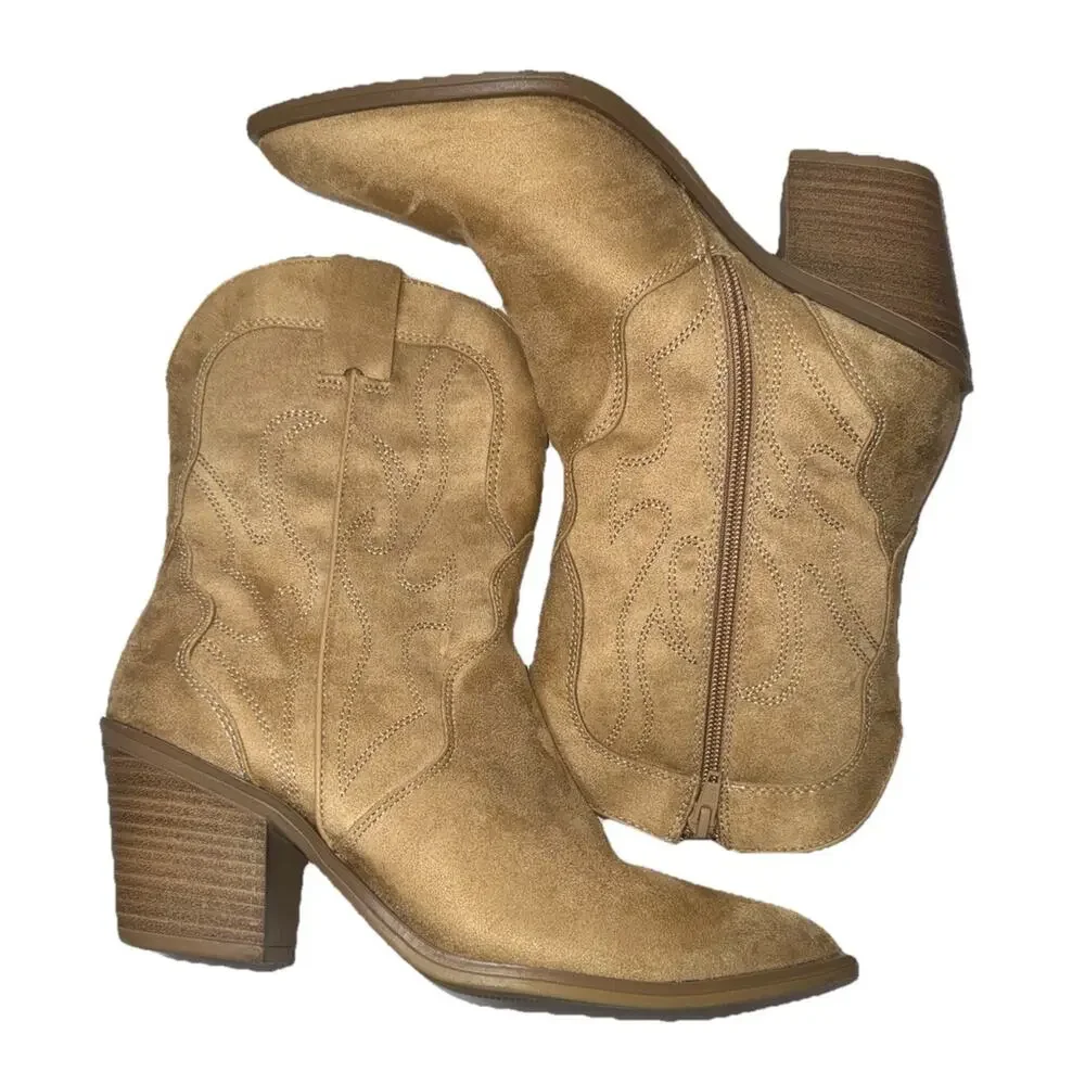 Womens Cowgirl Boots 8.5 M Western Ankle Boots Tan Pointed Toe Country Chic Boho